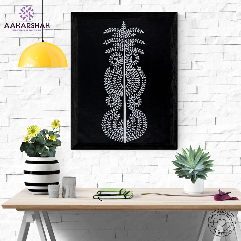 Framed artwork with white tree of life design on a black background-handmade warli painting for home decor
