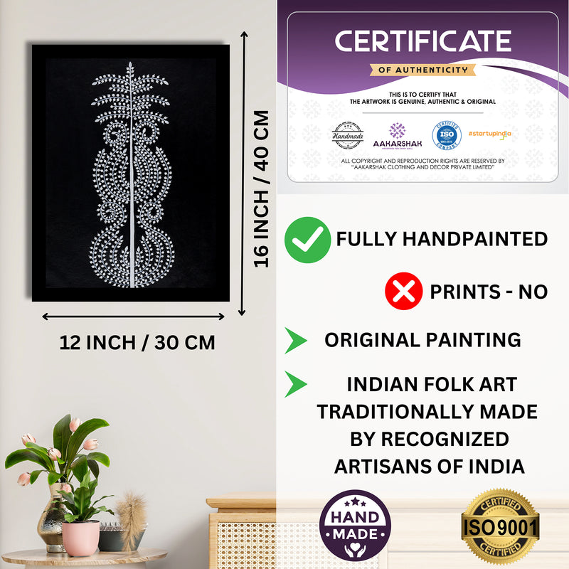 Framed artwork with dimensions, authenticity certificate and handmade iso certified-tree of life warli painting