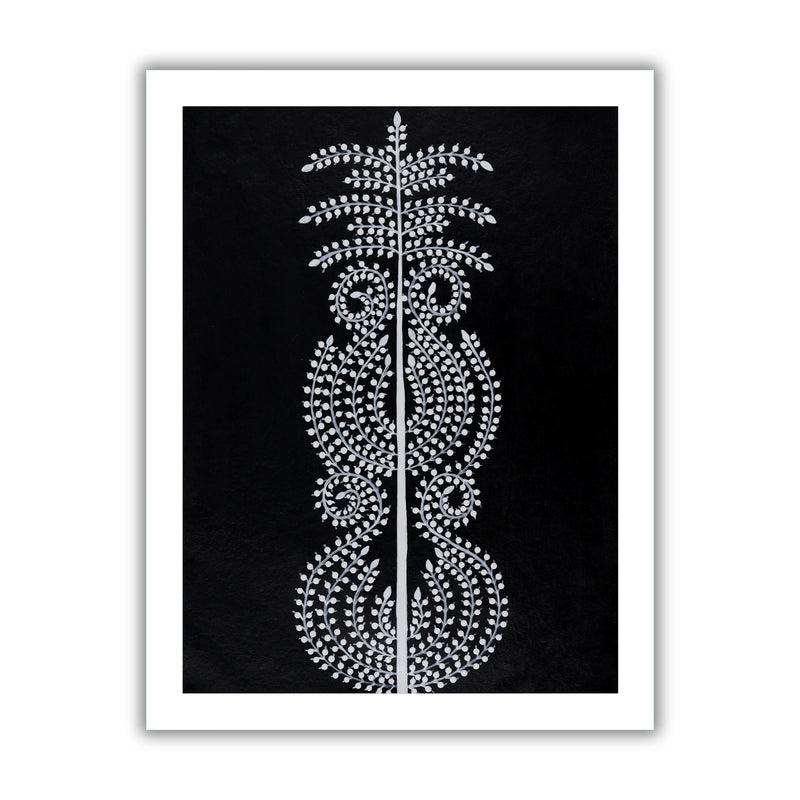 white tree of life design on a black background with handmade warli painting