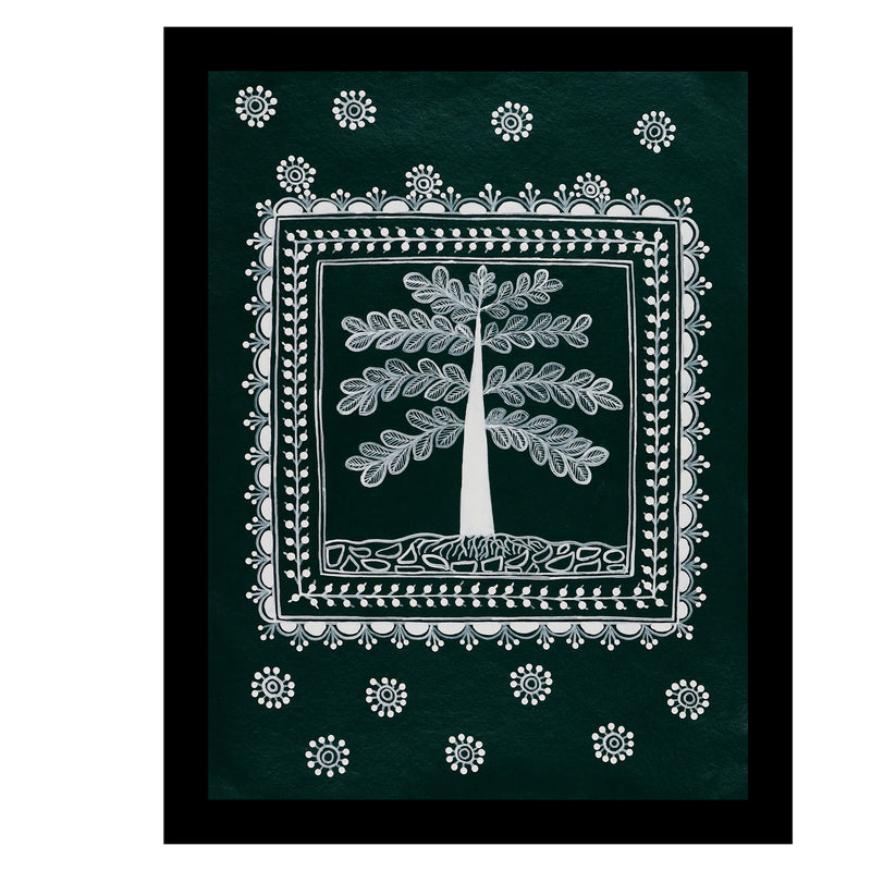 white tree of life design on a green background with handmade warli painting