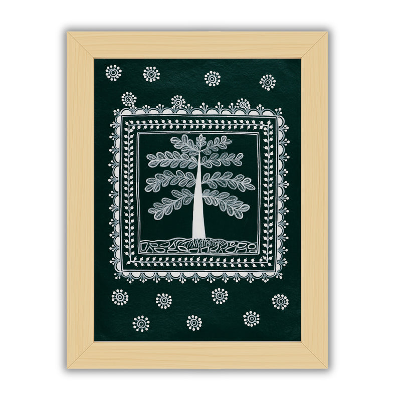white tree of life design on a green background with handmade warli painting