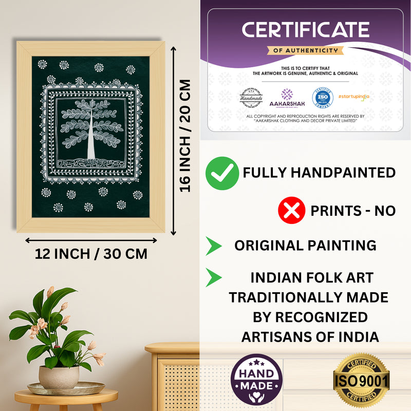 Framed artwork with dimensions, authenticity certificate and handmade iso certified-tree of life warli painting
