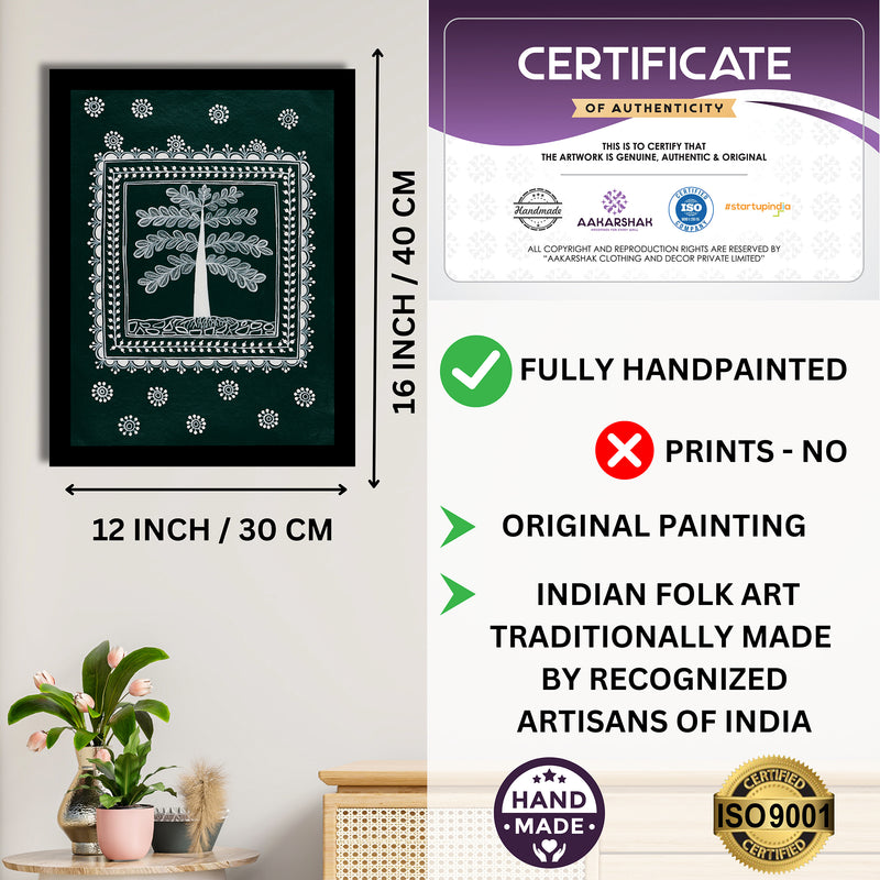 Framed artwork with dimensions, authenticity certificate and handmade iso certified-tree of life warli painting