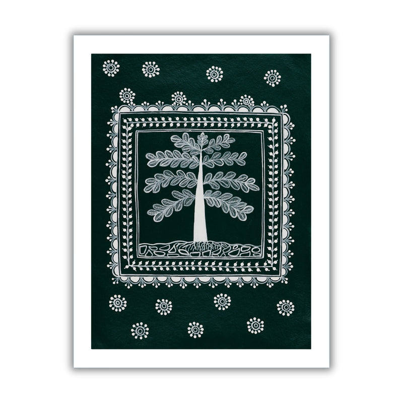 white tree of life design on a green background with handmade warli painting