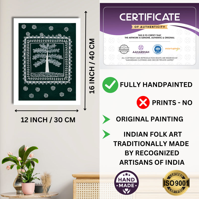 Framed artwork with dimensions, authenticity certificate and handmade iso certified-tree of life warli painting