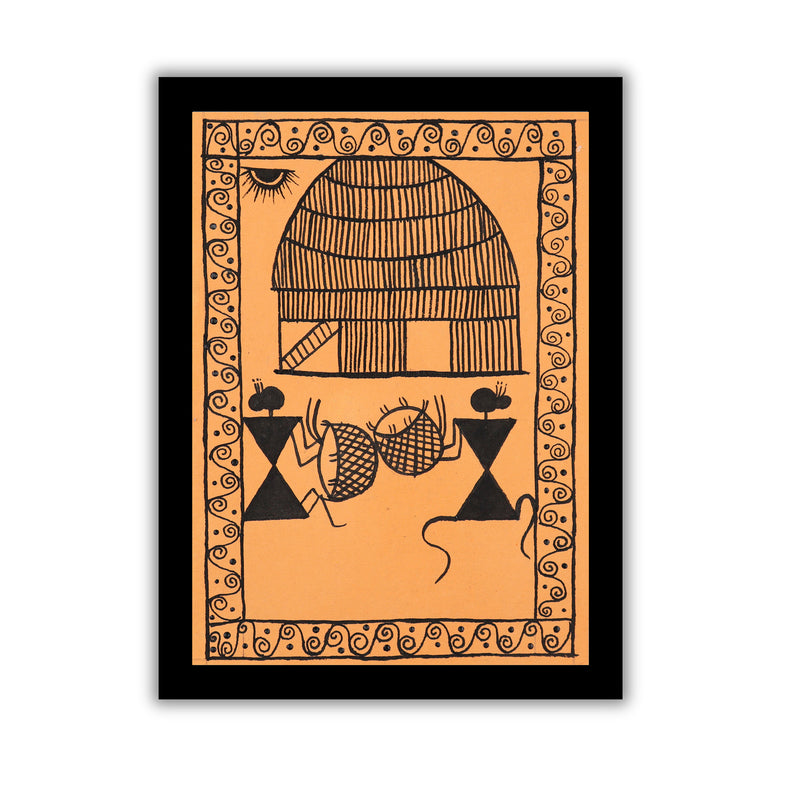 Decorative print with black village design on an orange background