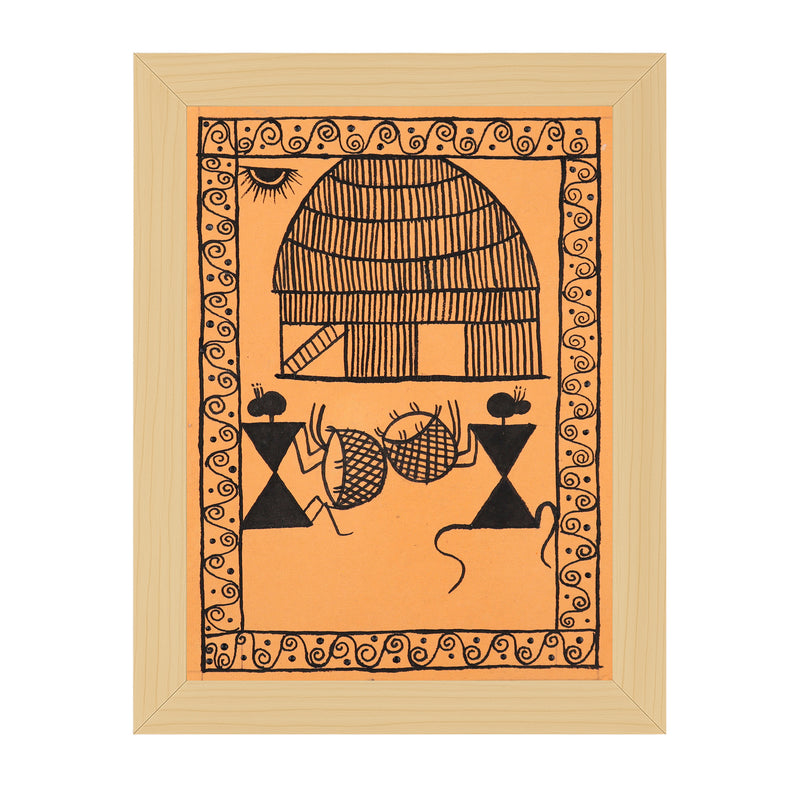 Framed artwork with village drawing on an orange background