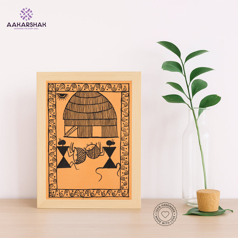 Handmade warli peacock painting-with tabletop stand for home decor