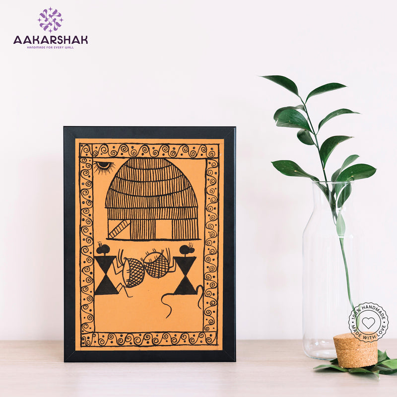 Handmade warli village painting-with tabletop stand for home decor