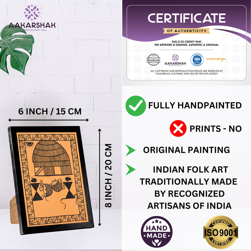 Aakarshah art piece with dimensions, authenticity certificate, and handmade iso certified-peacock warli painting