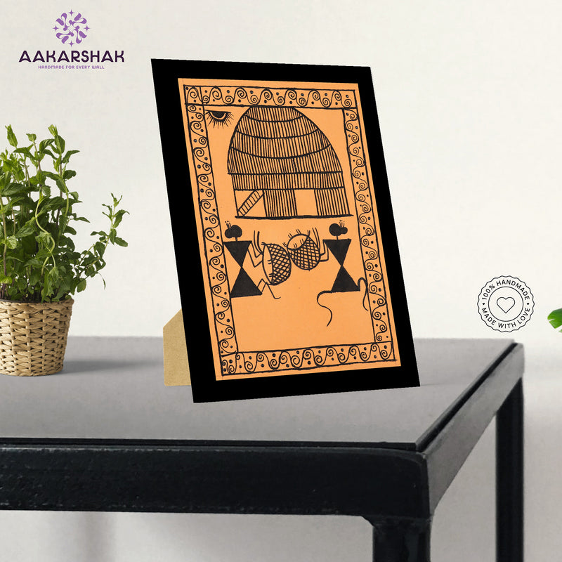 Handmade warli peacock painting-with tabletop stand for home decor