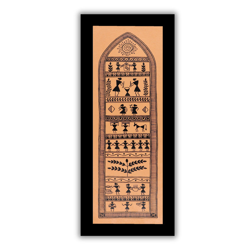 Framed artwork of a colorful village-with handmade warli painting