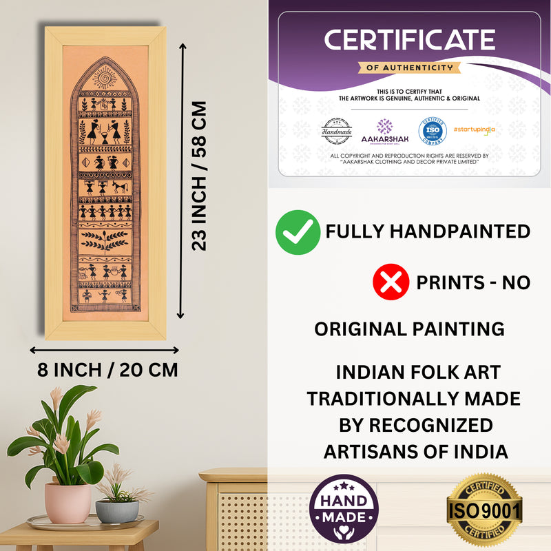 Framed artwork with dimensions, authenticity certificate and handmade iso certified-village warli painting