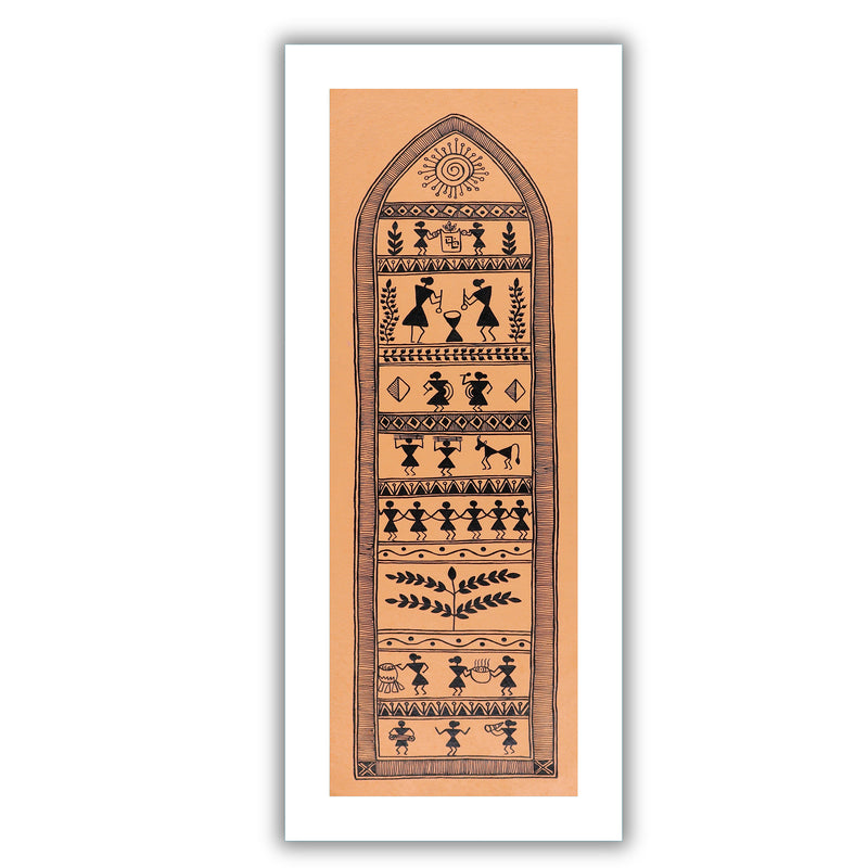Framed artwork of a colorful village-with handmade warli painting
