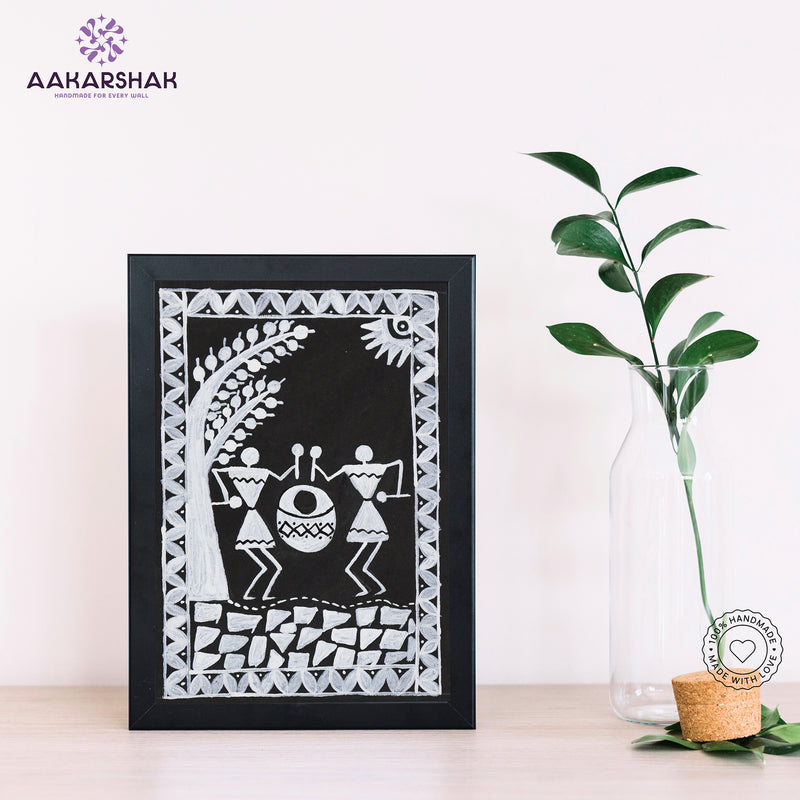 Handmade warli village painting-with tabletop stand for home decor