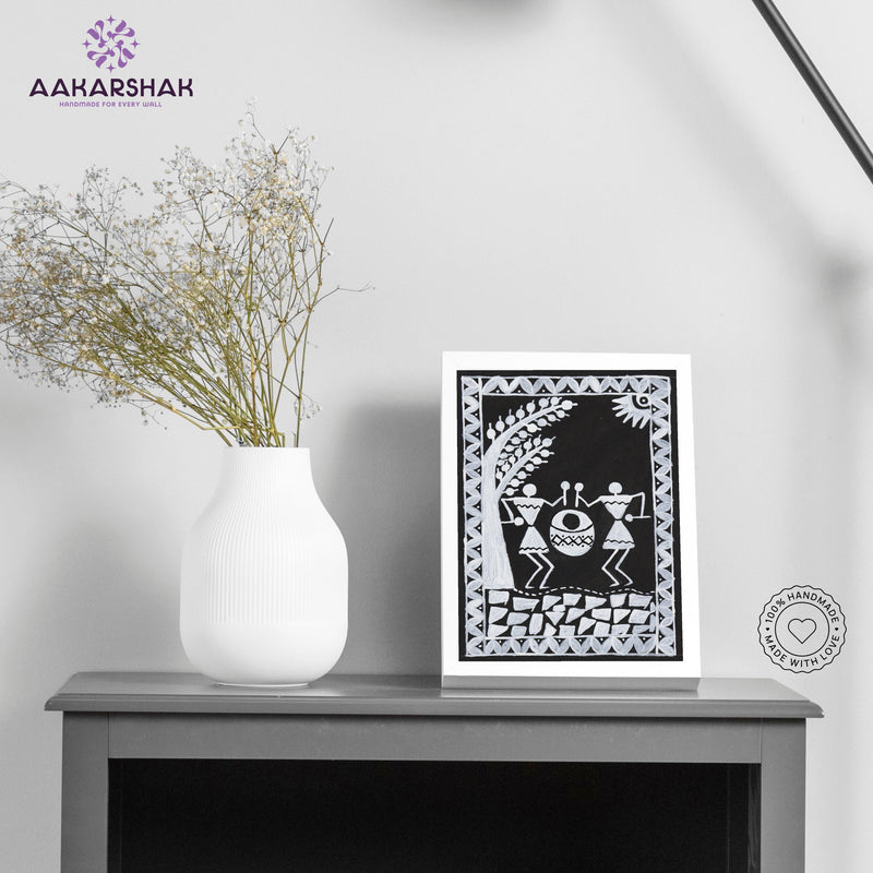 Handmade warli village painting-with tabletop stand for home decor