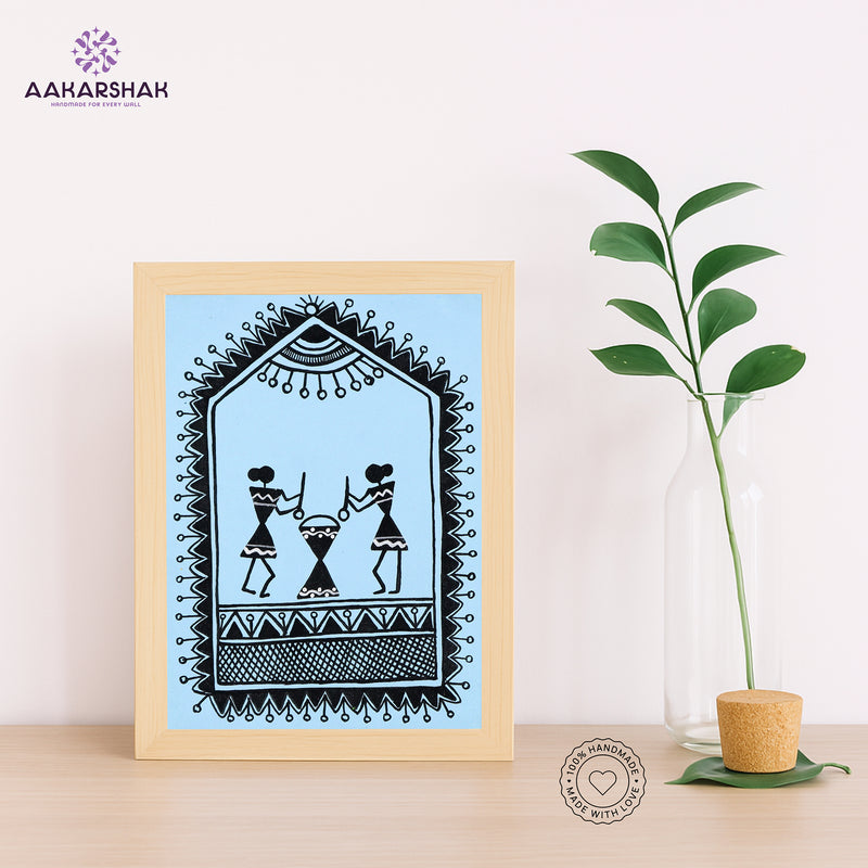 Handmade warli village painting-with tabletop stand for home