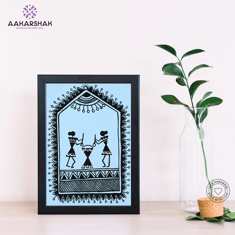 Handmade warli village painting-with tabletop stand for home