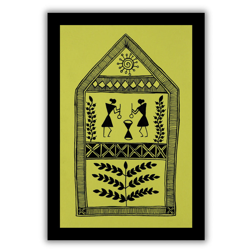 Decorative black handmade village art with warli design on a yellow background