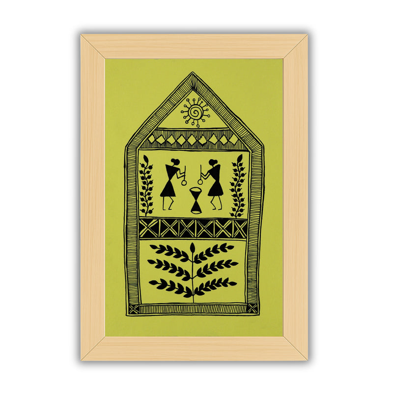 Decorative black handmade village art with warli design on a yellow background