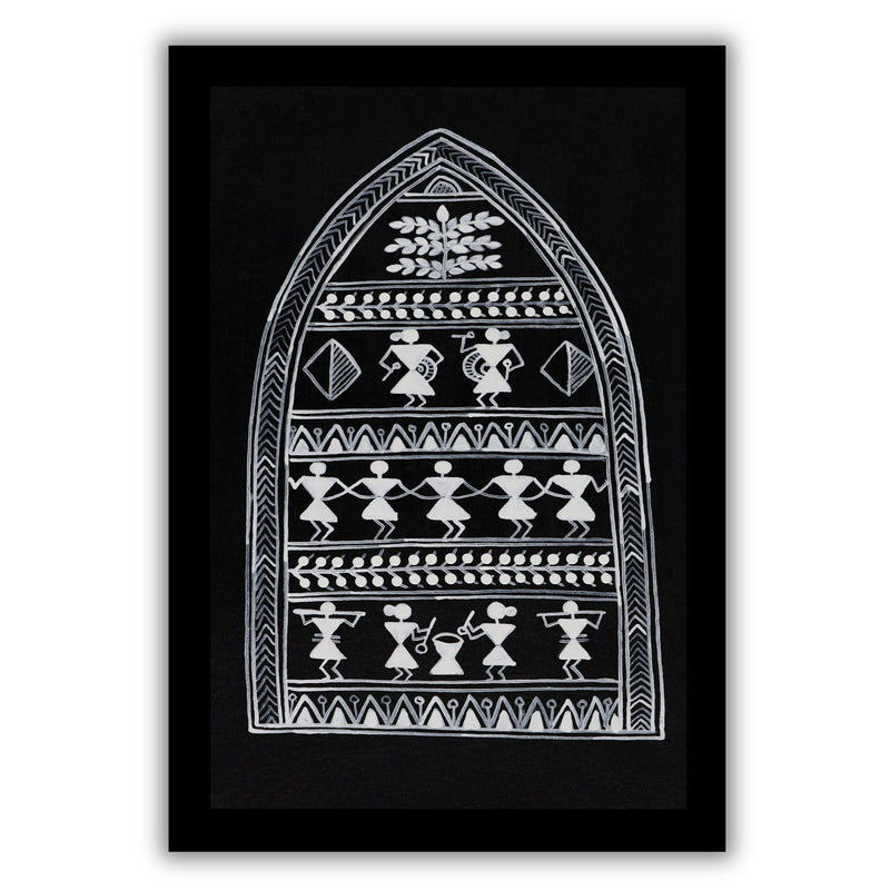 Decorative black and white handmade village art with warli design on a black background