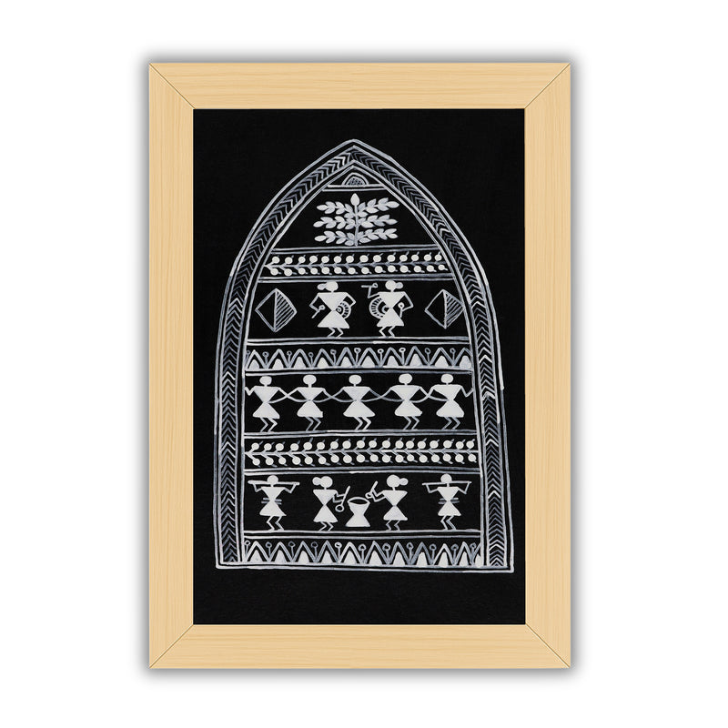 Decorative black and white handmade village art with warli design on a black background