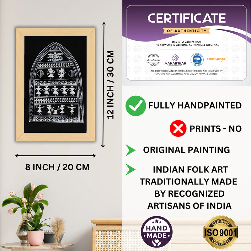 Framed artwork with dimensions, authenticity certificate-handmade iso certified-village warli painting