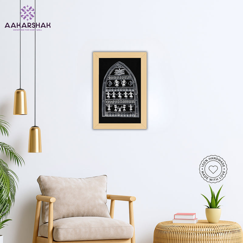 Framed artwork with a yellow background and black design-vibrant handmade village painting-depicting indian folk traditions
