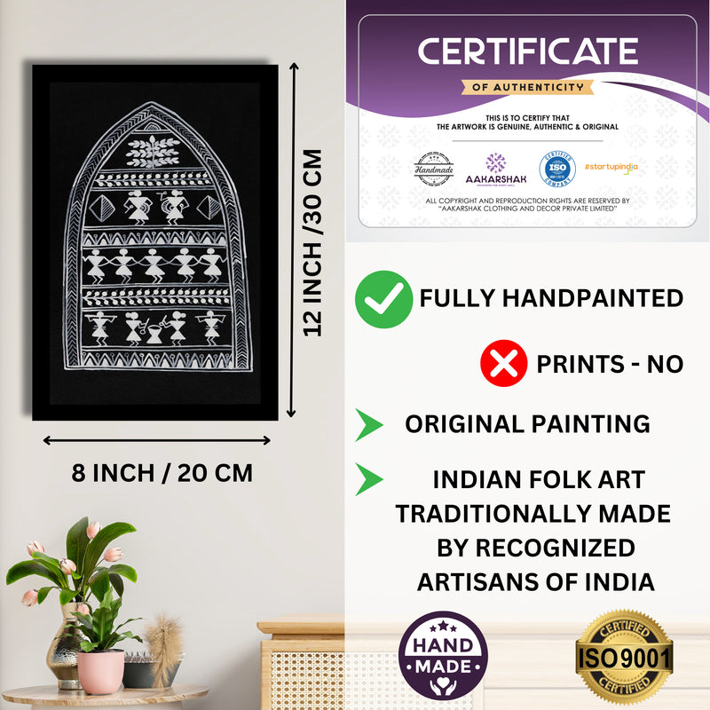 Framed artwork with dimensions, authenticity certificate-handmade iso certified-village warli painting