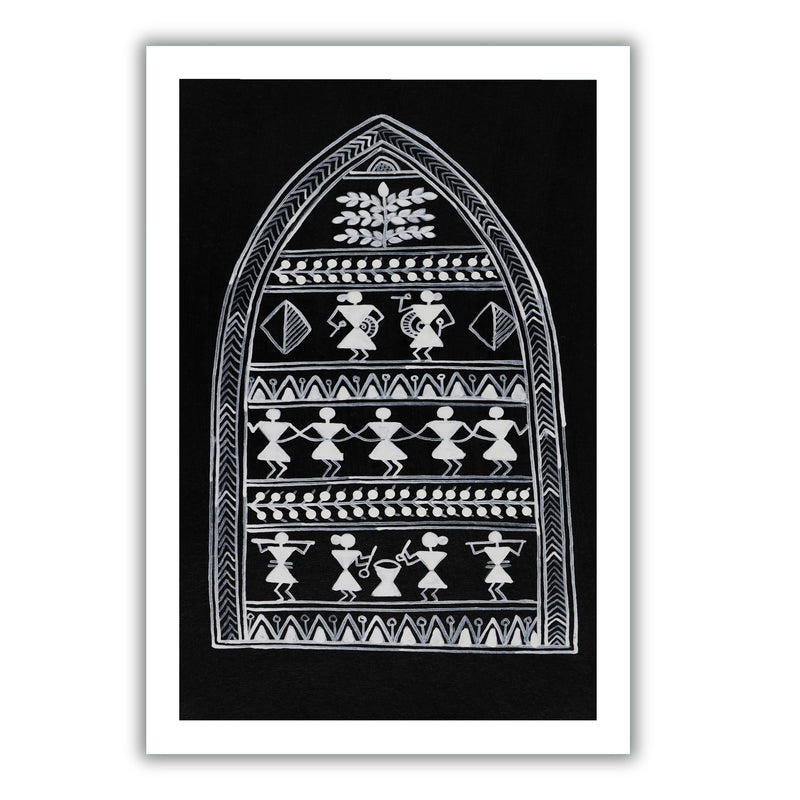 Decorative black and white handmade village art with warli design on a black background