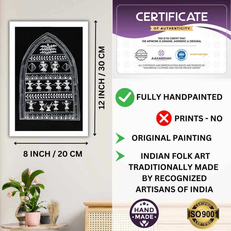 Framed artwork with dimensions, authenticity certificate-handmade iso certified-village warli painting