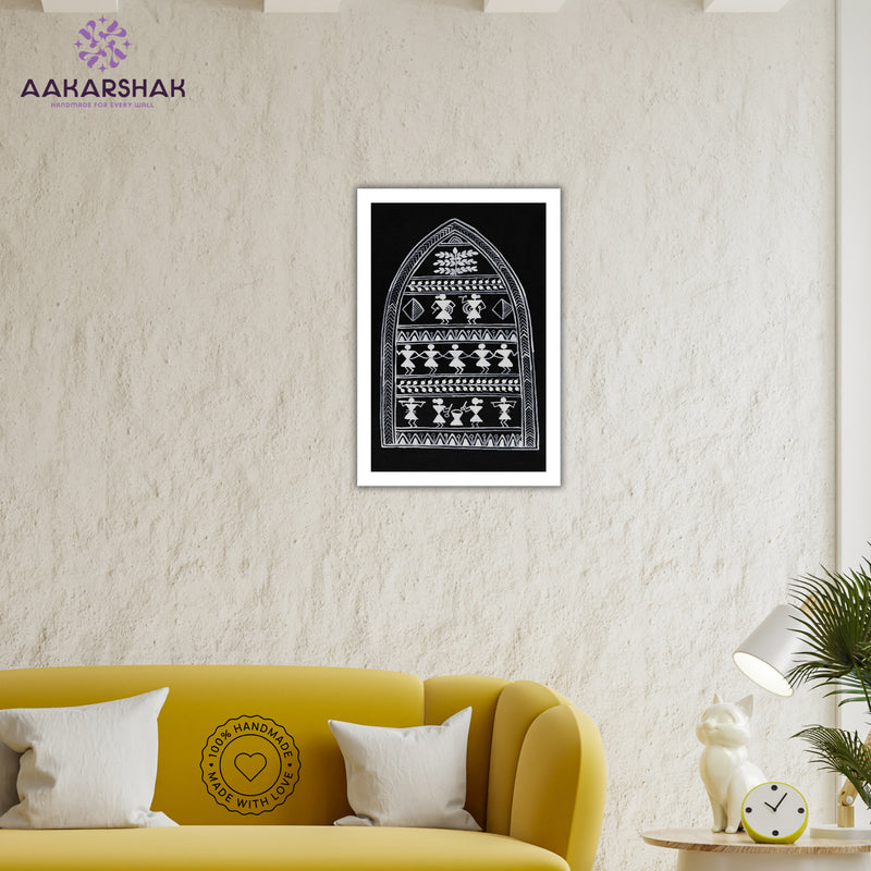 Framed artwork with a yellow background and black design-vibrant handmade village painting-depicting indian folk traditions