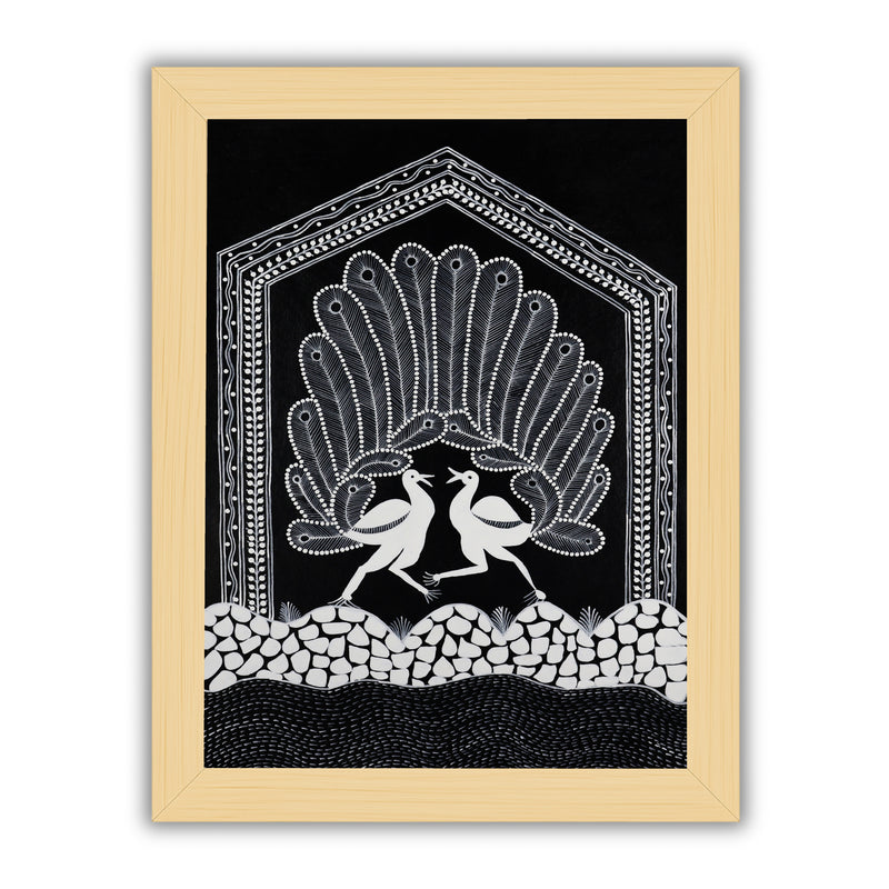 Handmade Warli Peacock Painting 17x24 Inch Framed Tribal Art