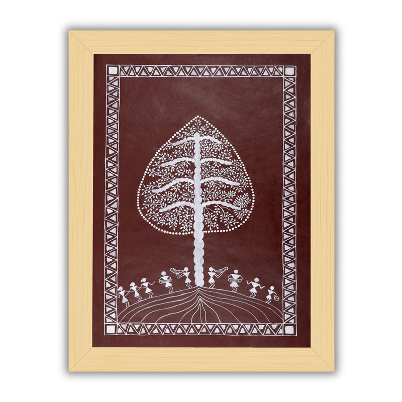 Handmade Warli Tree Painting 17x24 Inch Framed Tribal Art