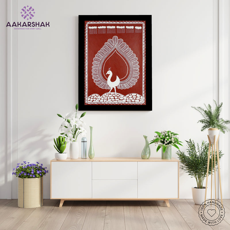 Handmade Warli Peacock Painting 17x24 Inch Framed Tribal Art