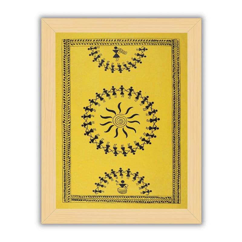 Handmade Warli Dancing Painting 17x24 Inch Framed Tribal Art