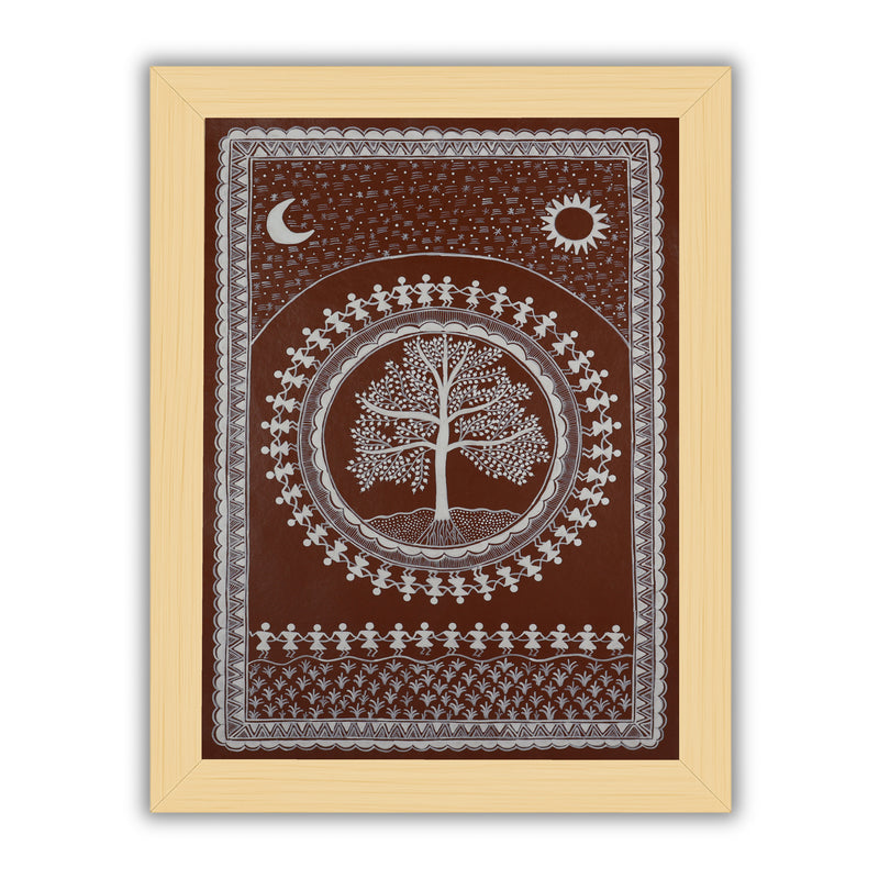 Handmade Warli Tree Painting 17x24 Inch Framed Tribal Art