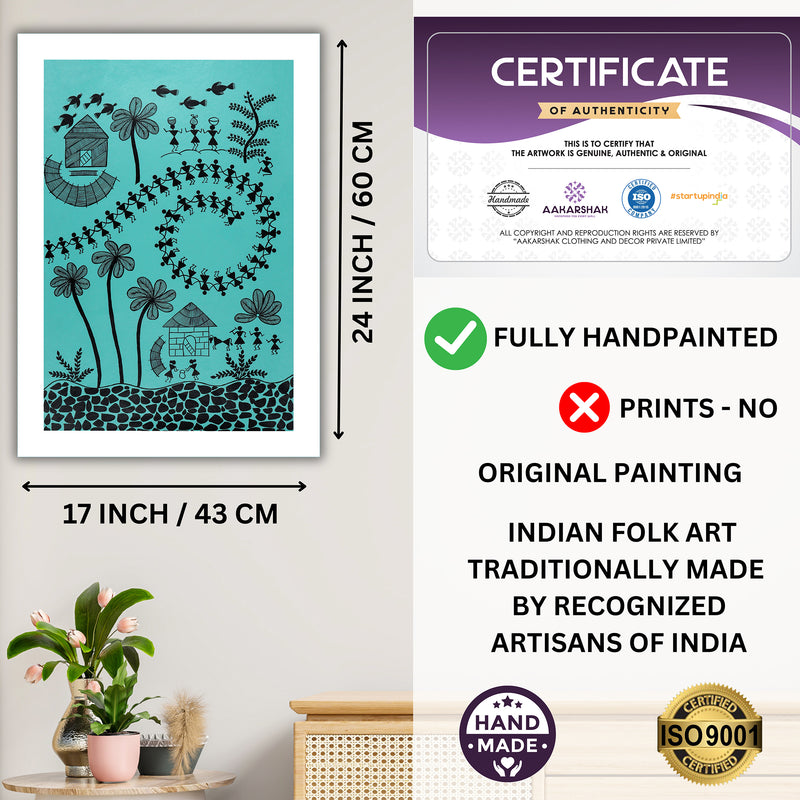 Handmade Warli Village Painting 17x24 Inch Framed Tribal Art