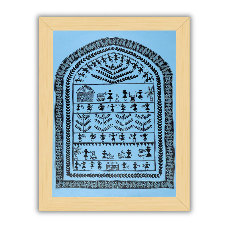Handmade Warli Village Painting 17x24 Inch Framed Tribal Art