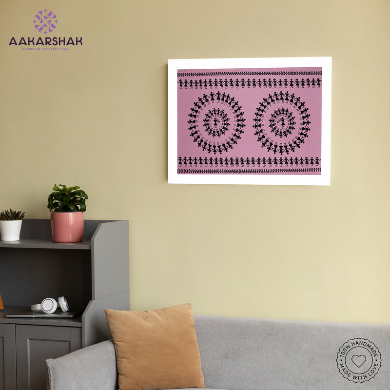 Handmade Warli Dancing Painting 17x24 Inch Framed Tribal Art