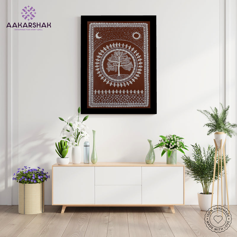 Handmade Warli Tree Painting 17x24 Inch Framed Tribal Art