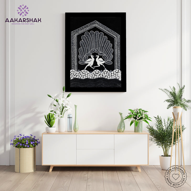 Handmade Warli Peacock Painting 17x24 Inch Framed Tribal Art
