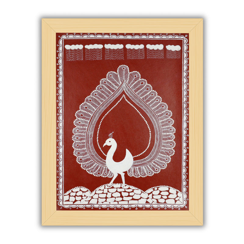 Handmade Warli Peacock Painting 17x24 Inch Framed Tribal Art