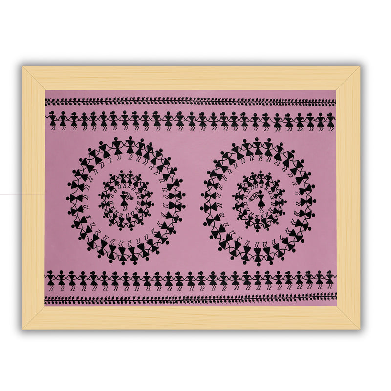 Handmade Warli Dancing Painting 17x24 Inch Framed Tribal Art