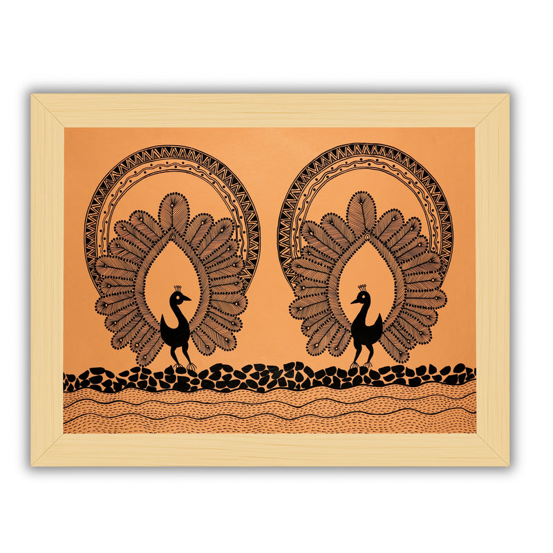 Handmade Warli Peacock Painting 17x24 Inch Framed Tribal Art