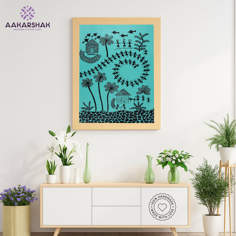 Handmade Warli Village Painting 17x24 Inch Framed Tribal Art