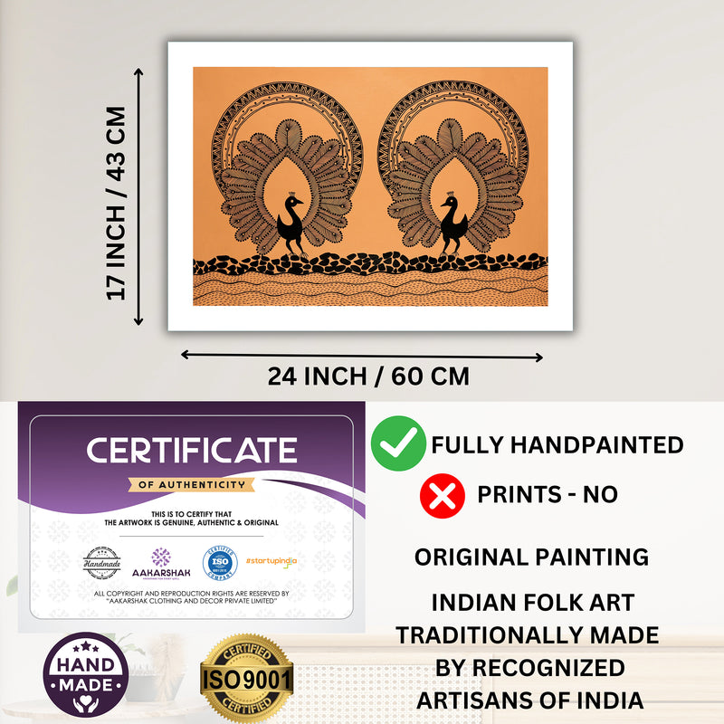 Handmade Warli Peacock Painting 17x24 Inch Framed Tribal Art
