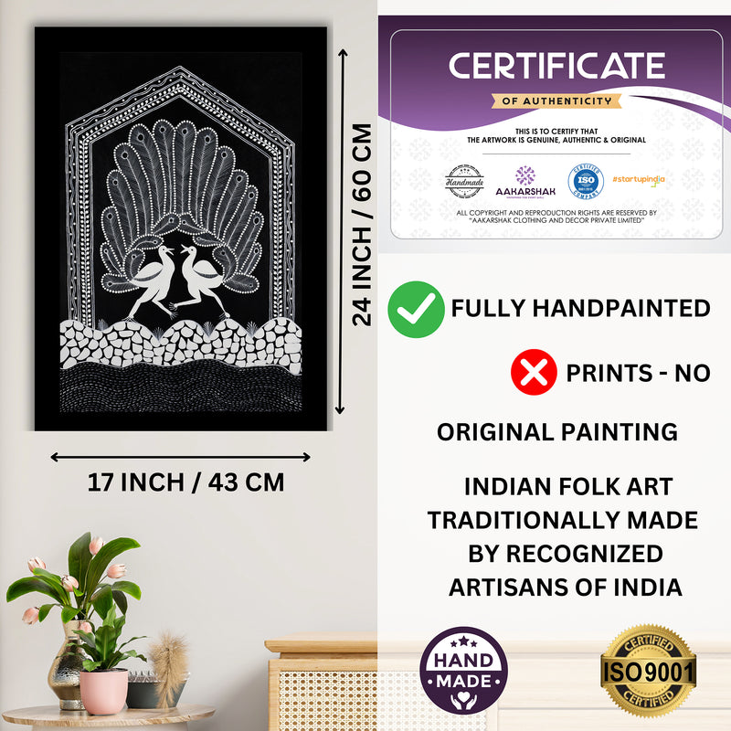Handmade Warli Peacock Painting 17x24 Inch Framed Tribal Art