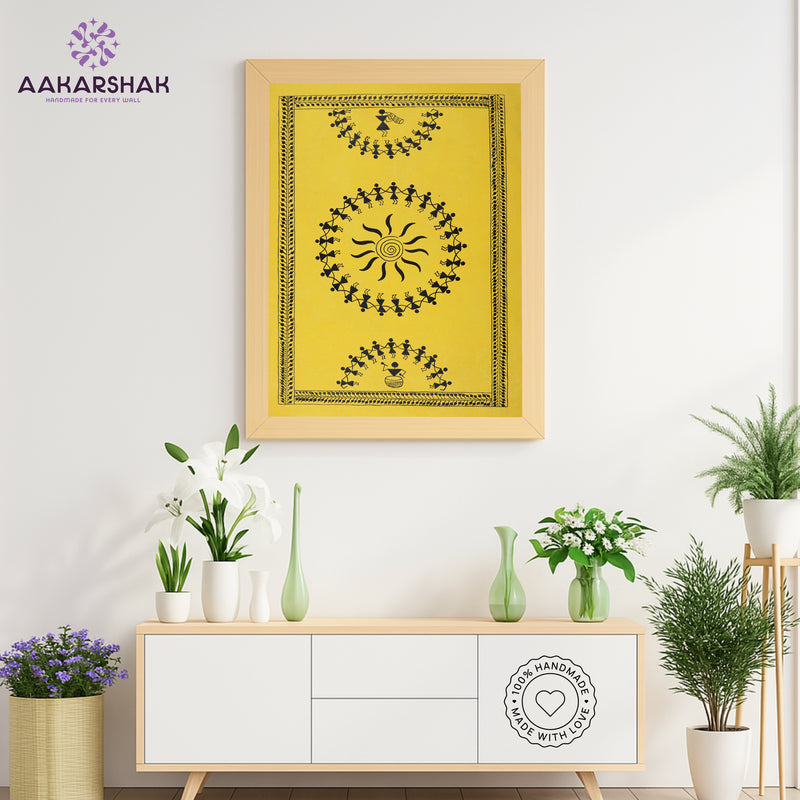 Handmade Warli Dancing Painting 17x24 Inch Framed Tribal Art