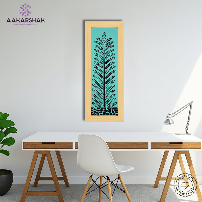 Close-up of Warli art showcasing white geometric patterns on earthy background
